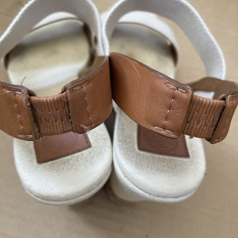 Tory Burch Sandals 9.5 Espadrille‎ Slingback Cream Brown Canvas Casual Wedges - Picture 9 of 11